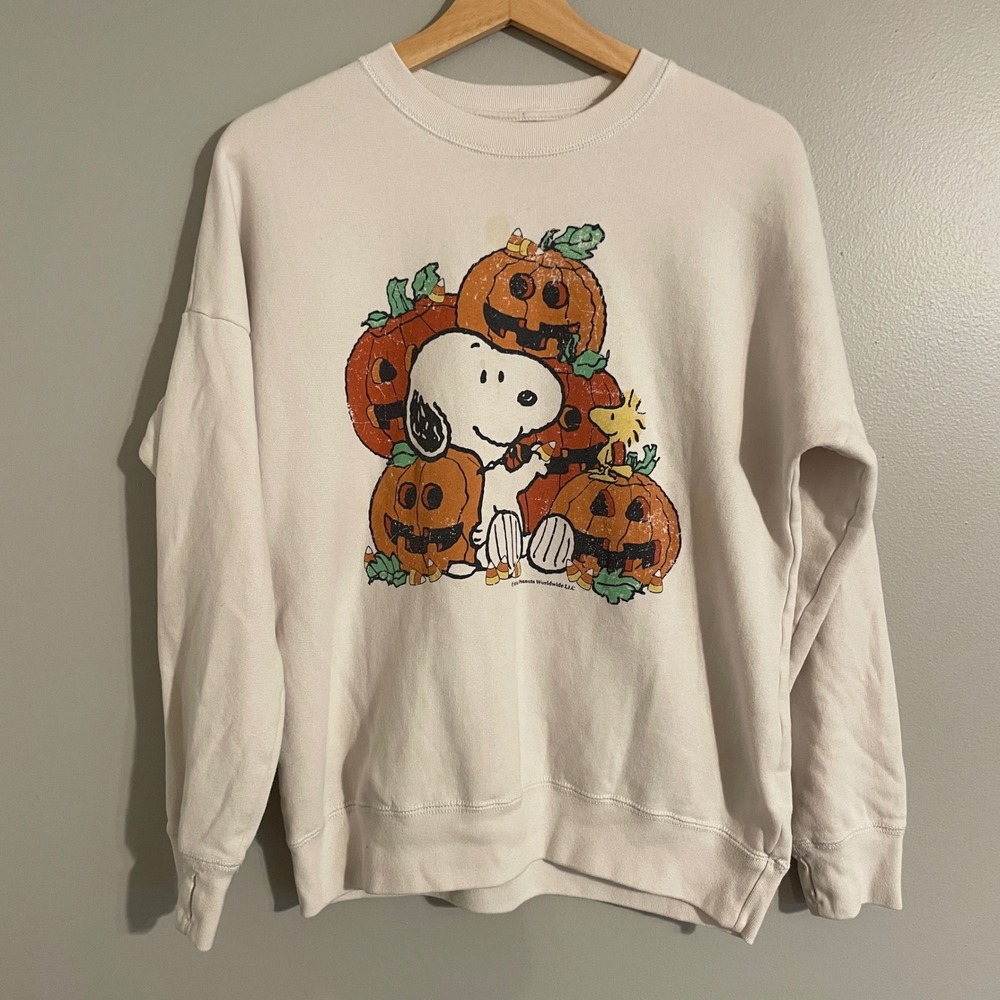 Abercrombie Kids Sweatshirt 13/14 White Peanuts Snoopy Halloween Pumpkin Graphic